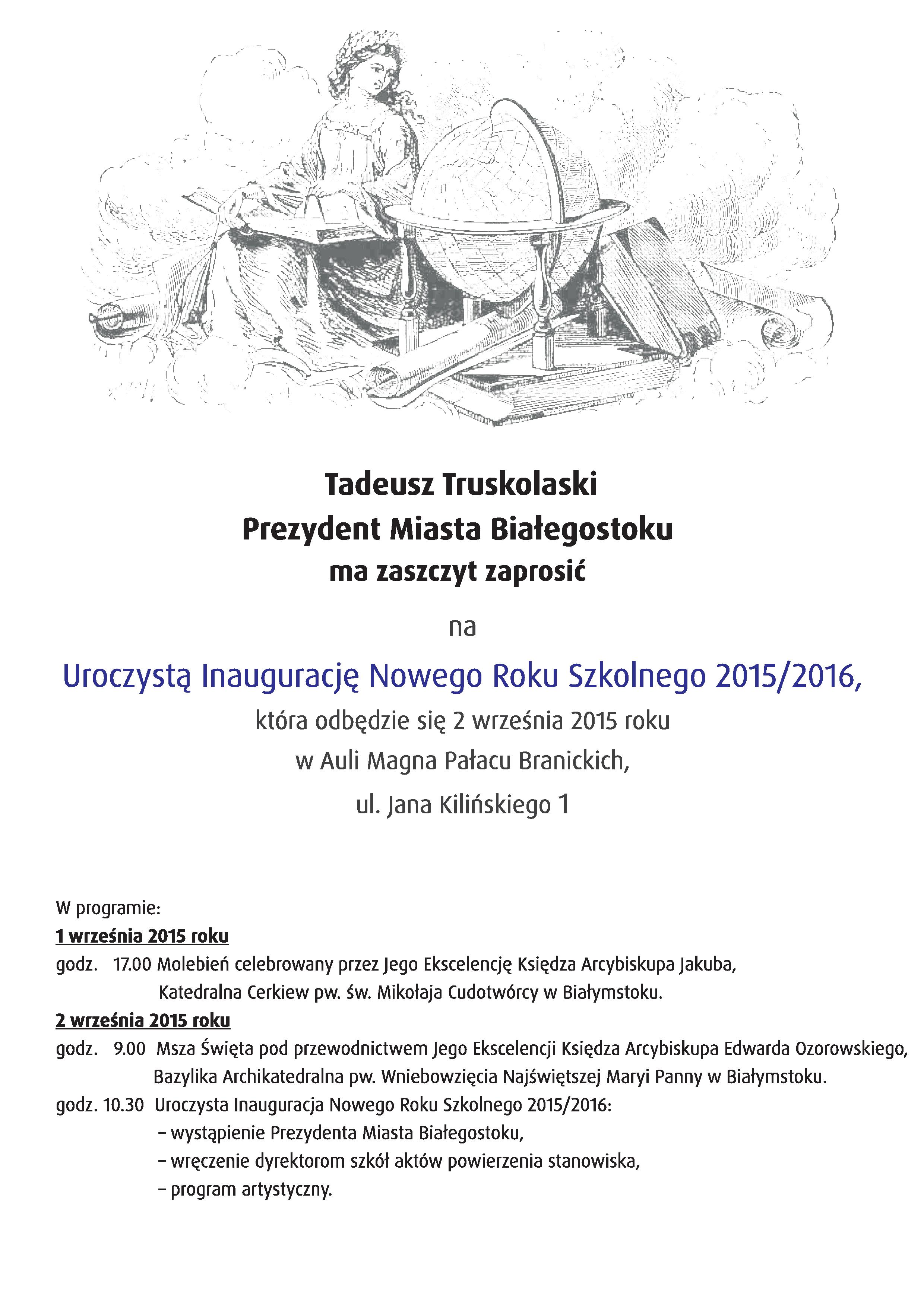 Zaproszenie na uroczystą inaugurację Nowego Roku Szkolnego 2015/2016