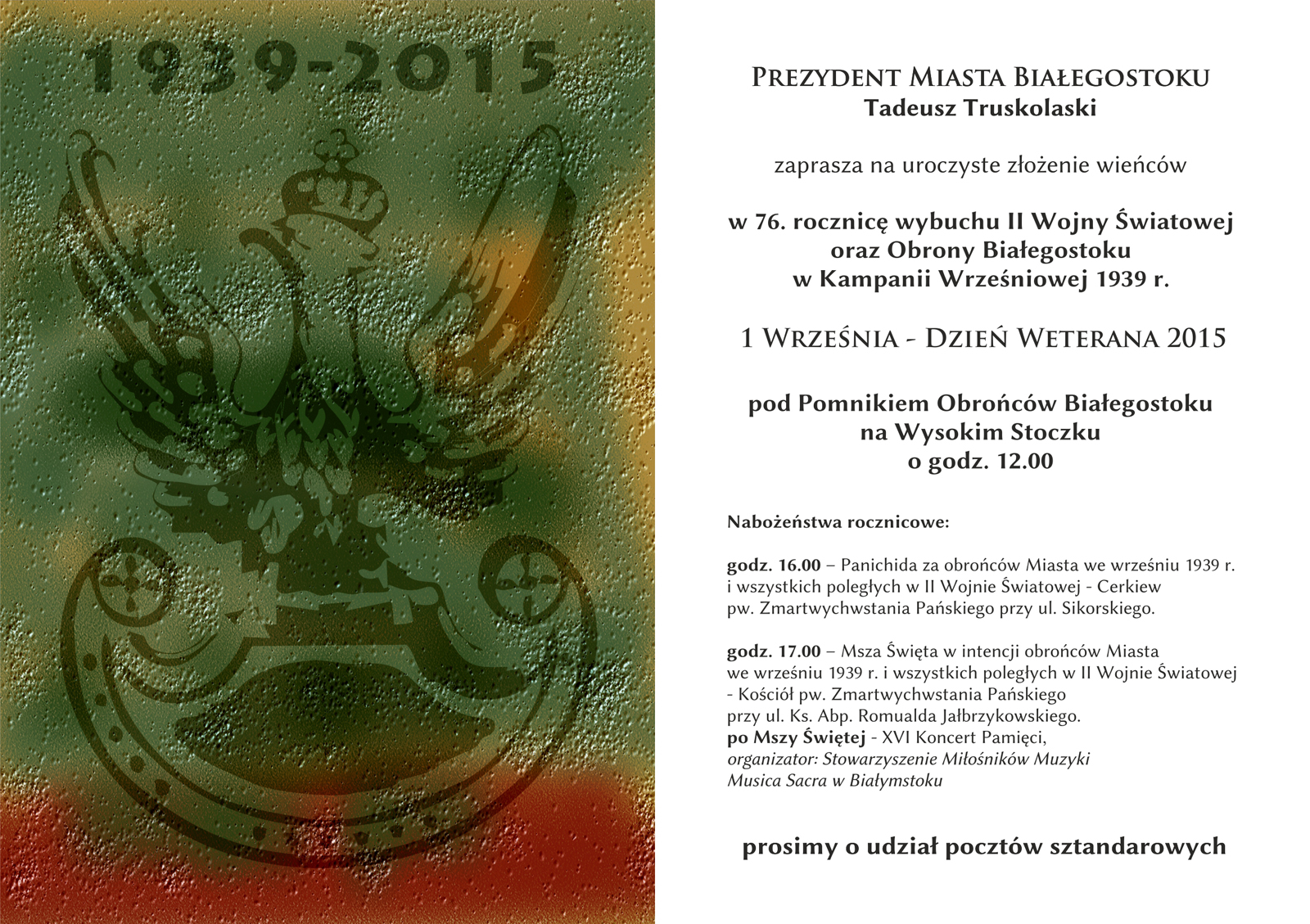 Plakat informujący o uroczystości złożenia wieńców w 76 rocznicę wybuchu II Wojny Światowej oraz Obrony Białegostoku