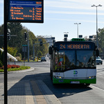Autobus linii 24 wjeżdża na przystanek, w tle: tablica, na której wyświetlony jest rozkład odjazdów