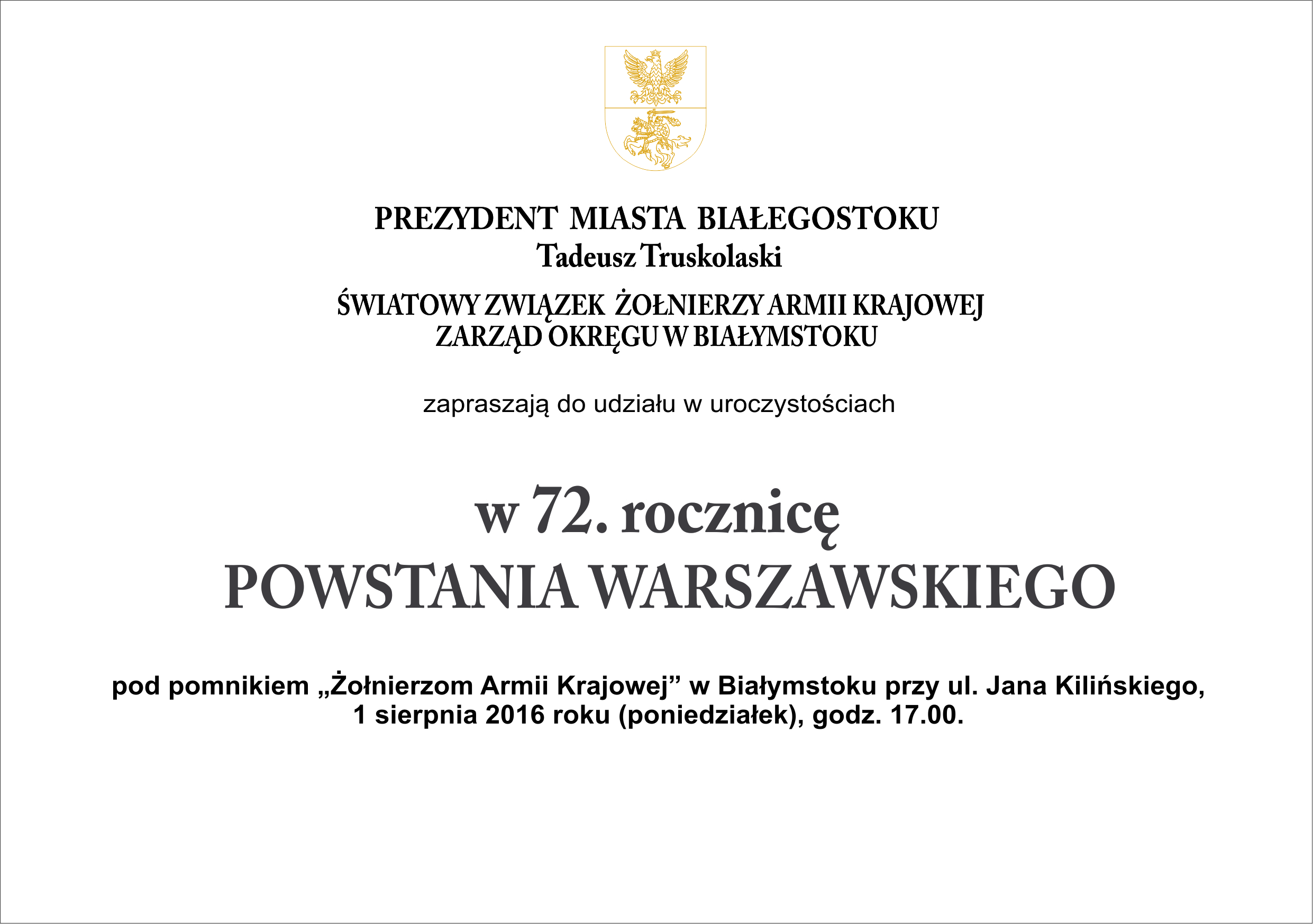 Zaproszenie na uroczystość w 72. rocznicę Powstania Warszawskiego
