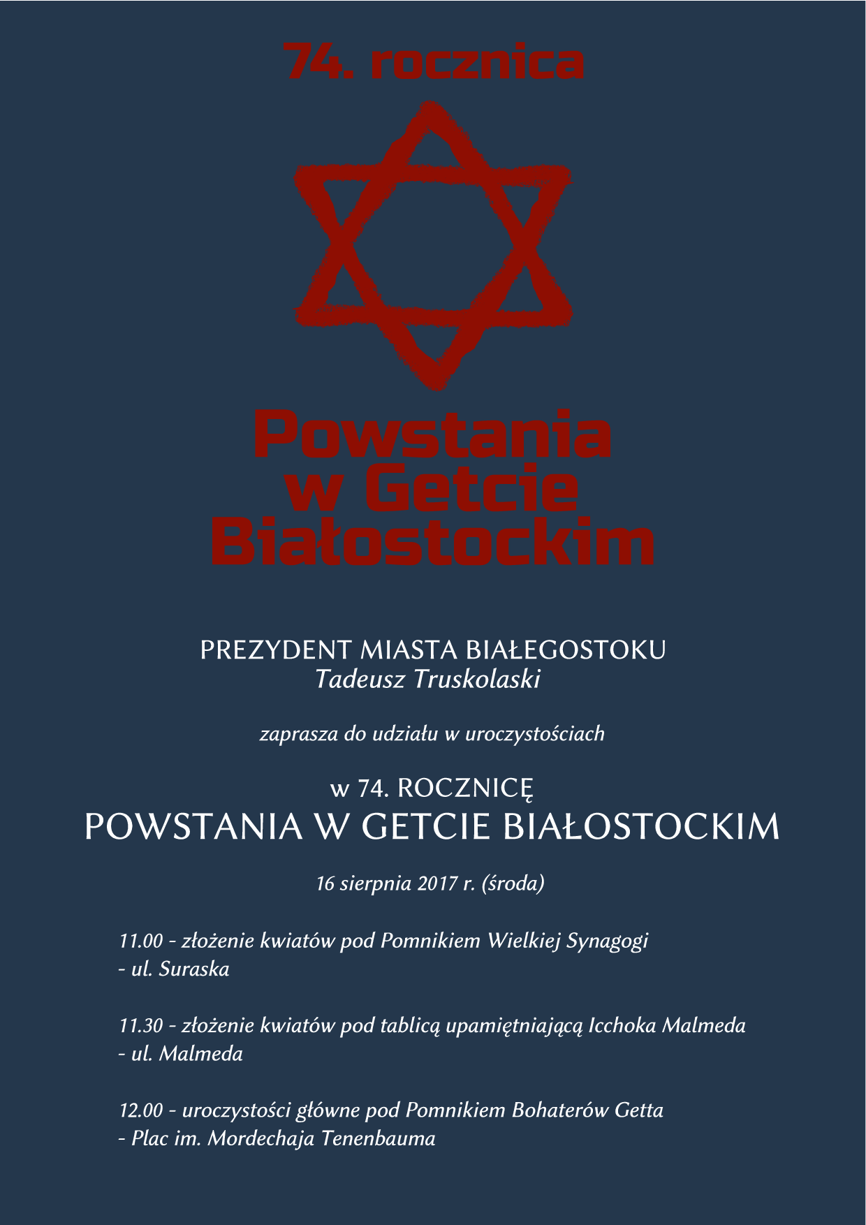 Zaproszenie do udziału w uroczystościach w 74. rocznicę Powstania w Getcie Białostockim