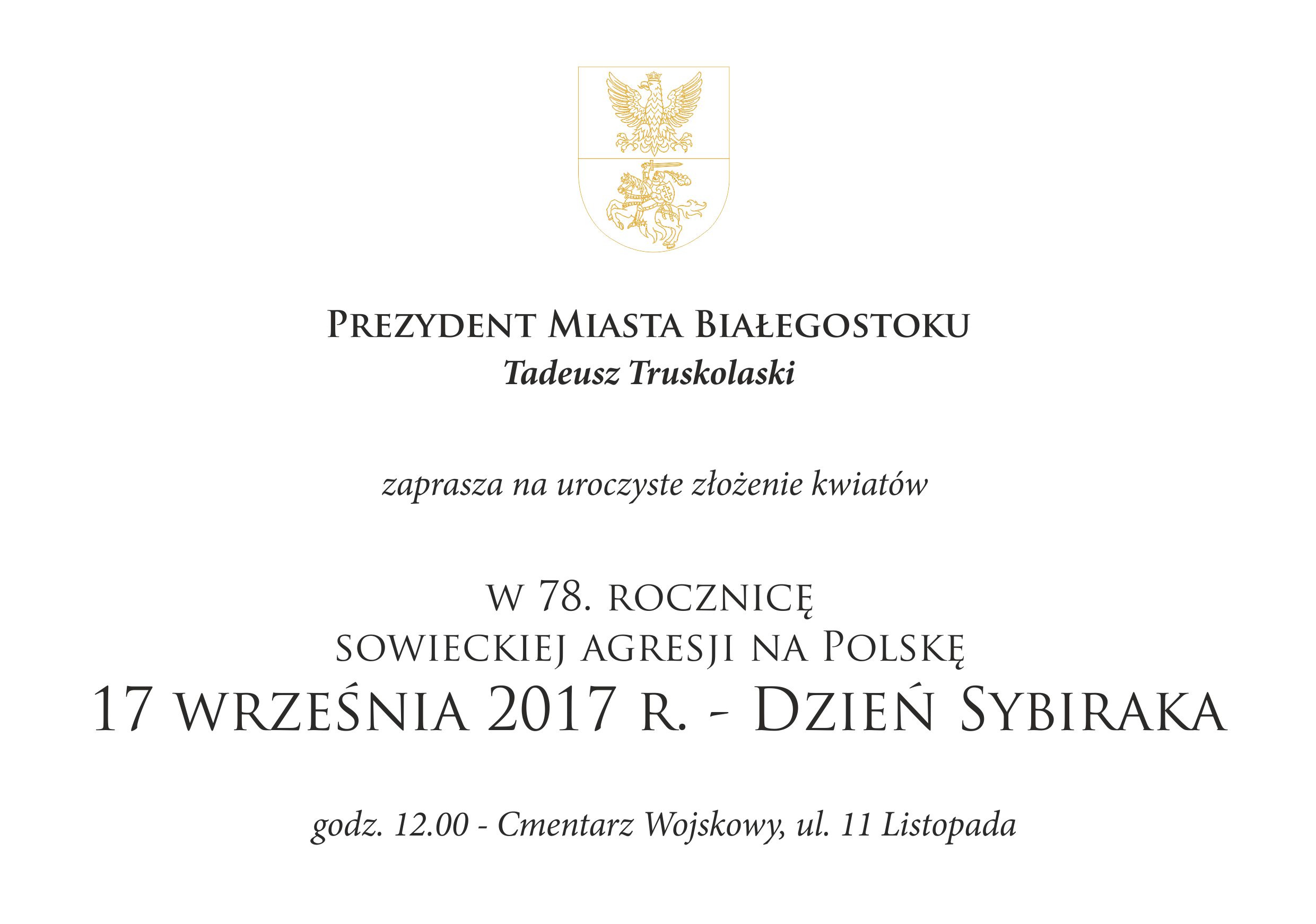 Zaproszenie na uroczyste złożenie kwiatów w 78. rocznicę sowieckiej agresji na Polskę