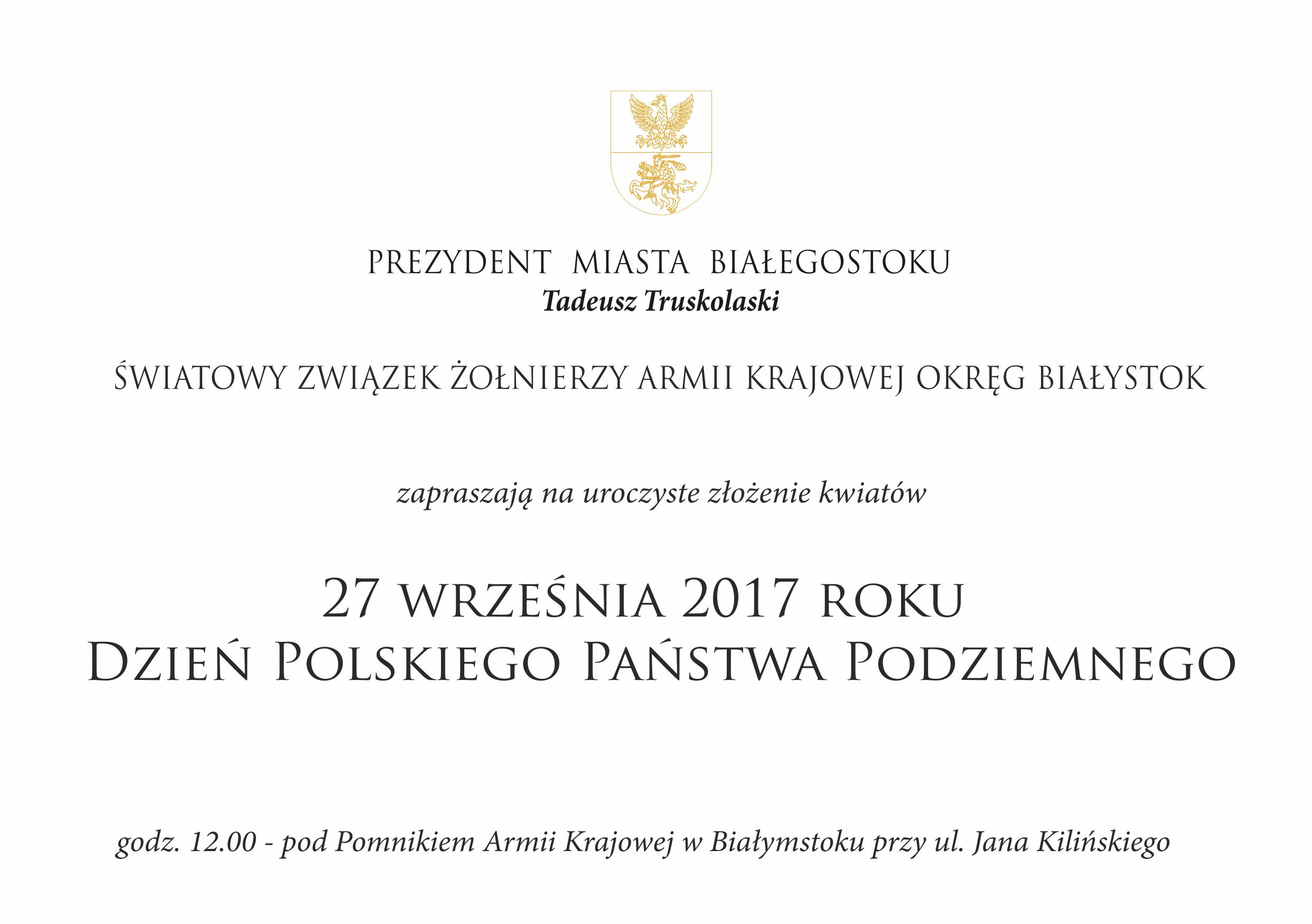 Zaproszenie na uroczyste złożenie kwiatów w rocznicę powstania Polskiego Państwa Podziemnego