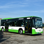 stojący bokiem biało - zielony autobus przegubowy