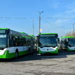 4 stojące przodem biało - zielone autobusy