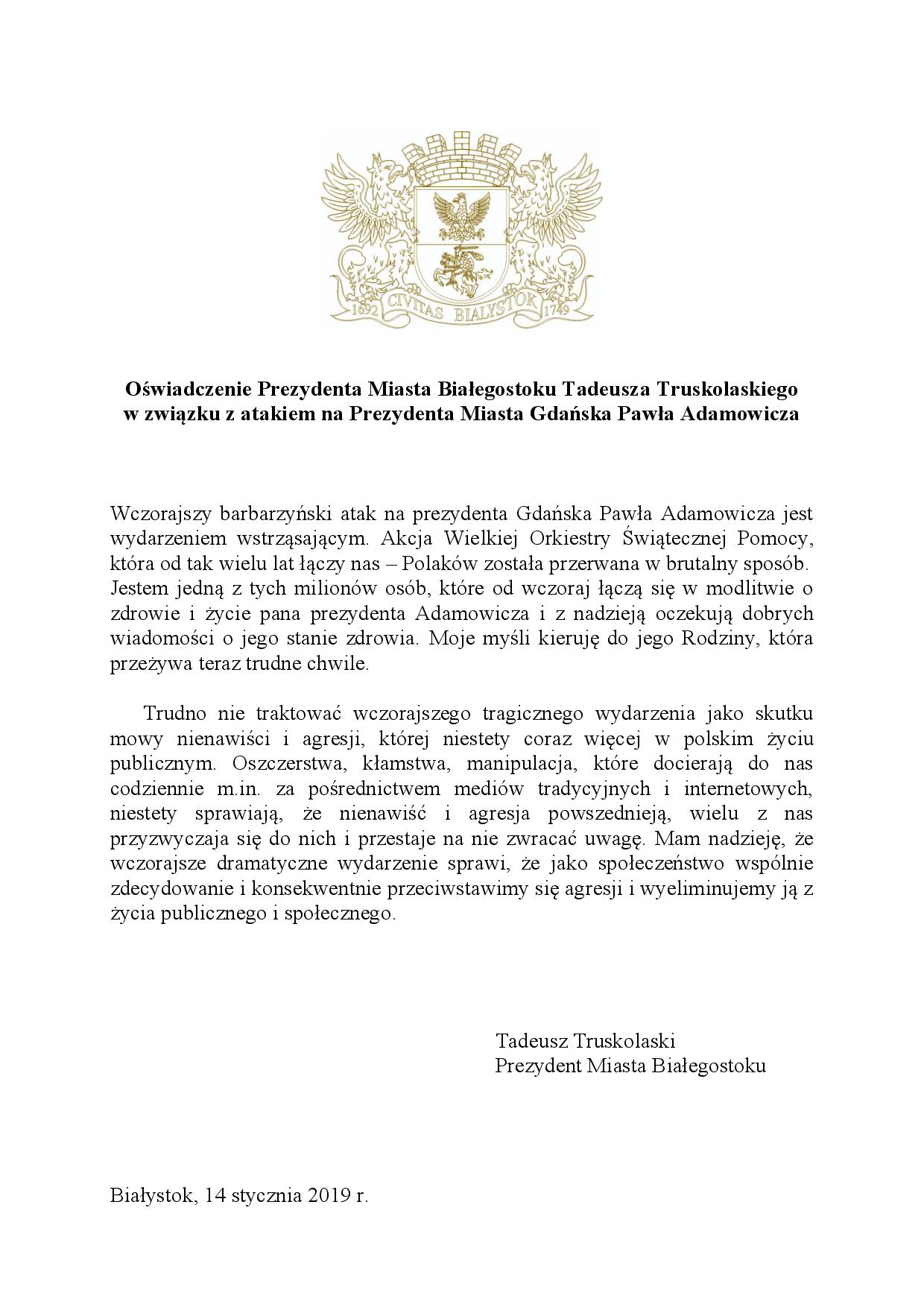 Oświadczenie prezydenta Białegostoku Tadeusza Truskolaskiego