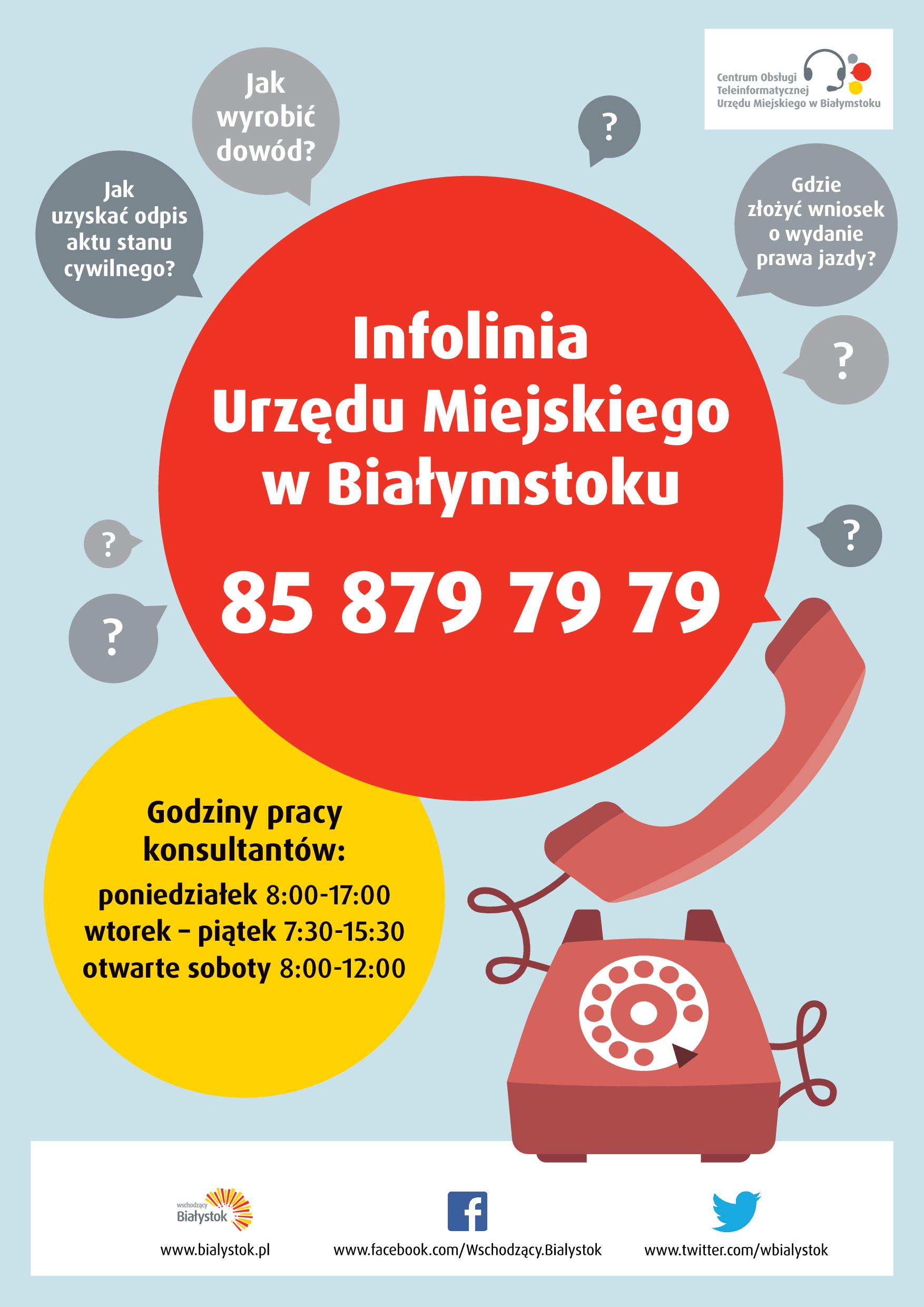 Infolinia Urządu Miejskiego w Białymstoku tel. 85 879 79 79
