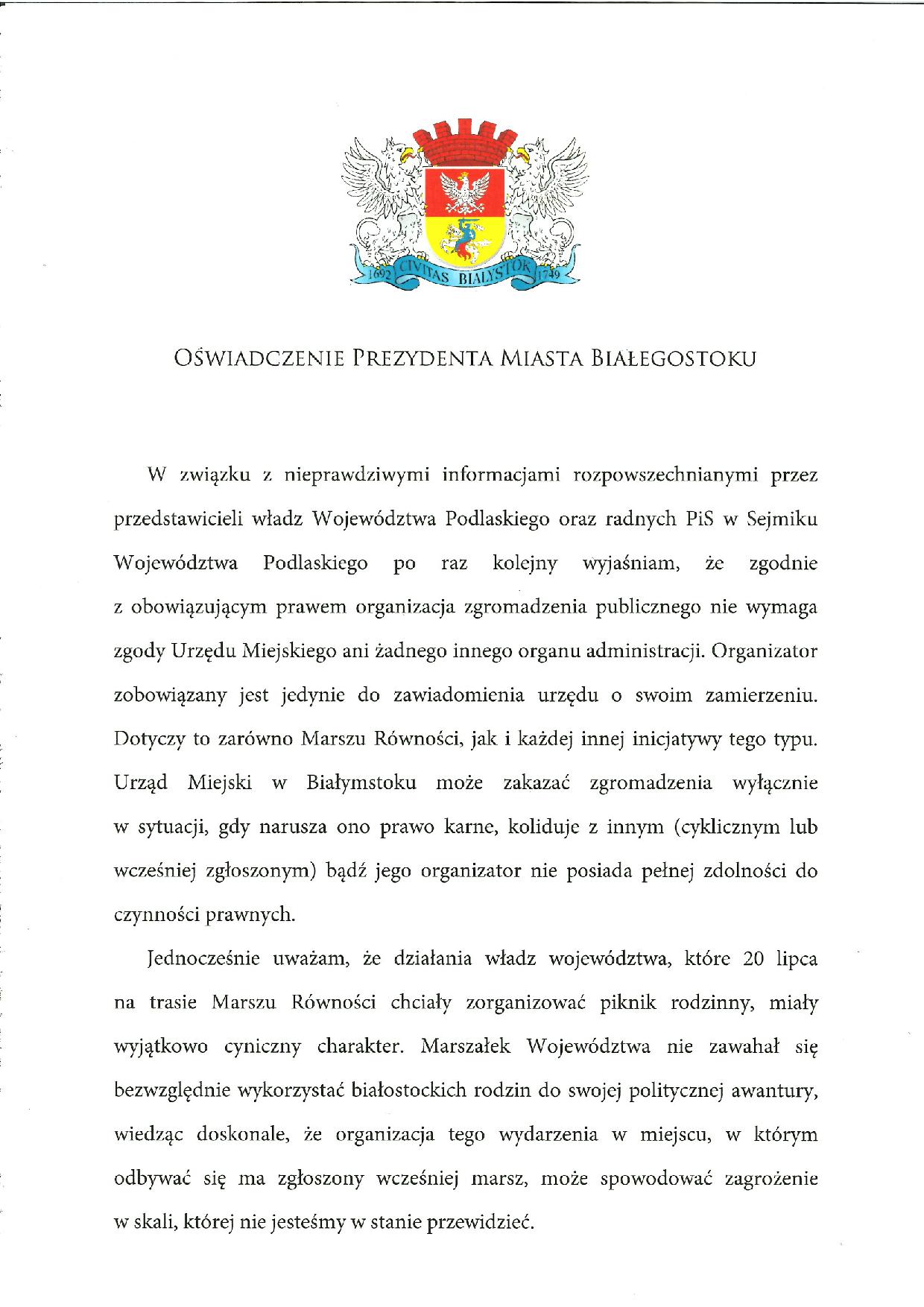 Prezydent Miasta Białegostoku wydał oświadczenie dotyczące Marszu Równości, który ma się odbyć w Białymstoku 20 lipca.