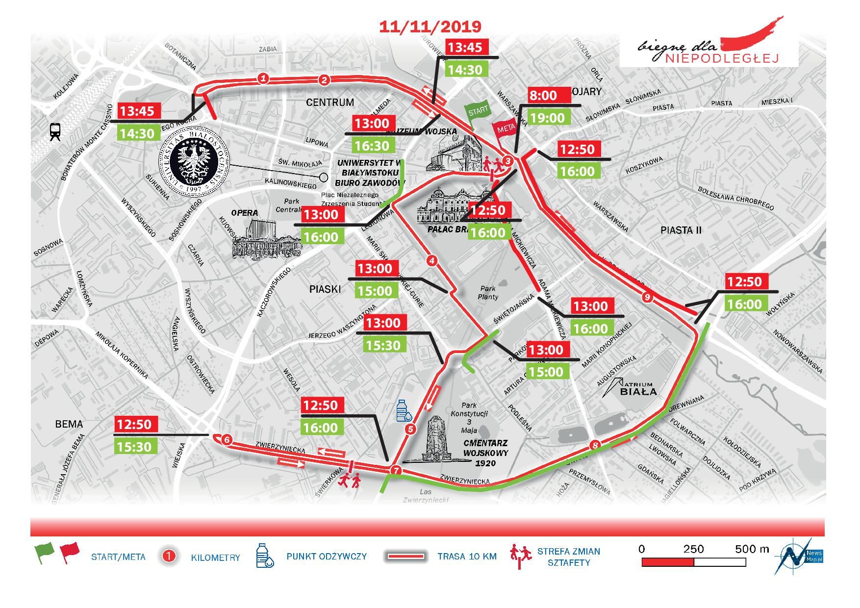 Mapa z harmonogramem zamykanych ulic podczas wydarzenia Biegnę dla niepodległej 11 listopada 2019 roku