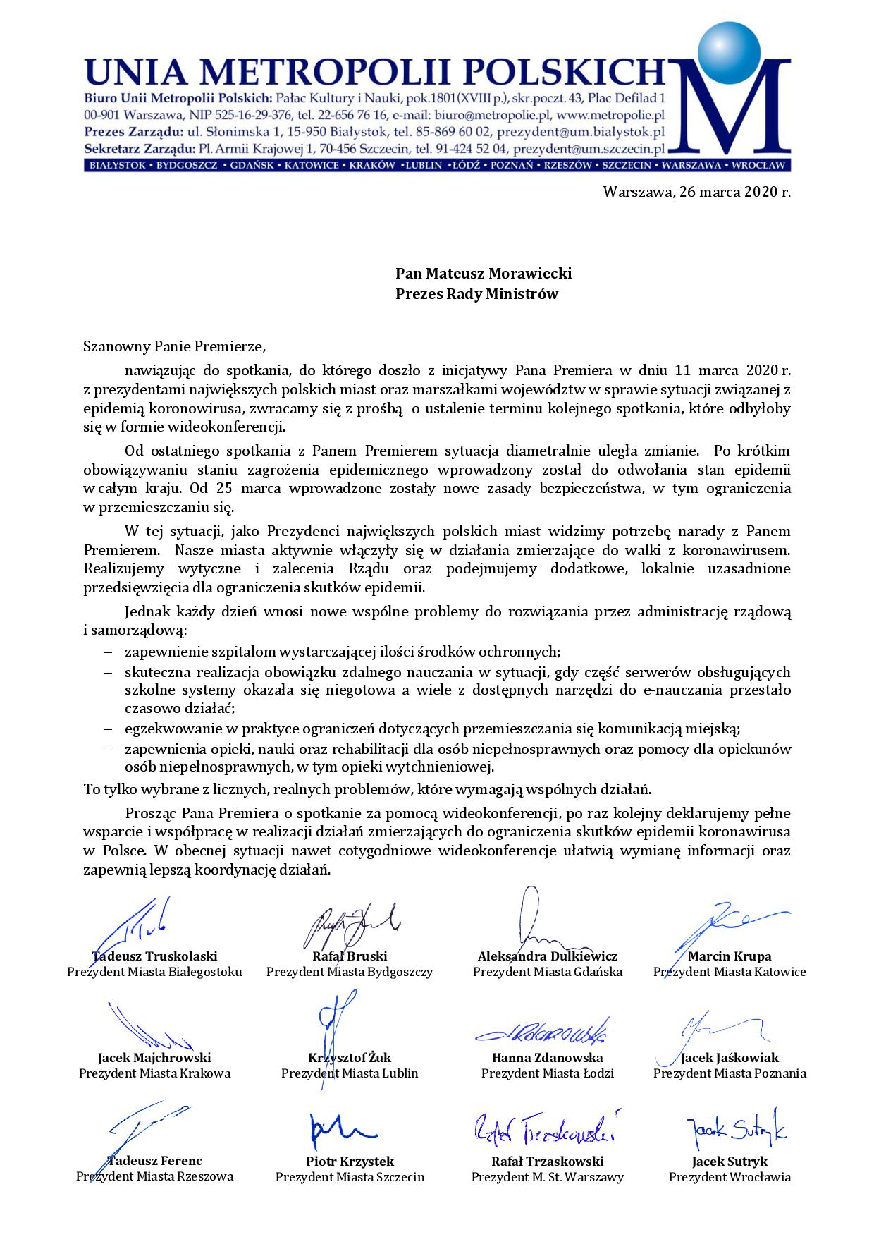 pismo Prezydentów Miast UMP do Premiera M. Morawieckiego