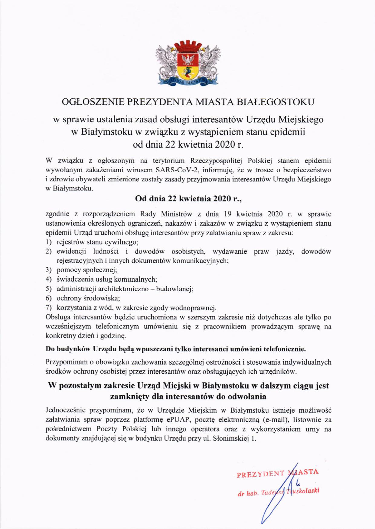 Ogłoszenie Prezydenta Miasta Białegostoku