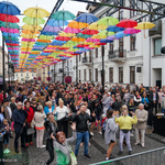 Tłum ludzi tańczący pod parasolkami