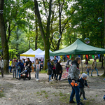 Festyn w parku, rozstawione namioty z atrakcjami, spacerujące rodziny z dziećmi