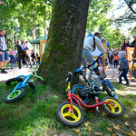 Trzy dziecięce rowerki leżące przy dużym drzewie w parku, w tle trwający festyn, spacerujący ludzie