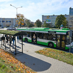 Po lewej stronie zielony przystanek, zatrzymujący się w zatoczce autobus, w tle widać bloki oraz pojedyncze jesienne drzewa