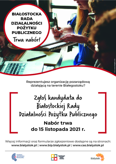 Plakat informujący o naborze do Białostockiej Rady Działalności Pożytku Publicznego
