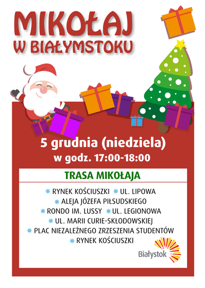 Plakat informujący o wizycie Mikołaja w Białymstoku