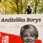Wystawa poświęcona ofiarom represji na Białorusi. Na jednej z plansz wizerunek Andżeliki Borys. W oddali pomnik księdza Jerzego Popiełuszki