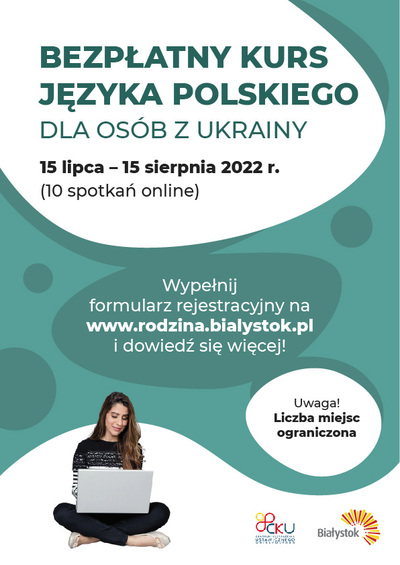 Tekst alternatywny do plakatu: Bezpłatny kurs języka polskiego dla osób z Ukrainy