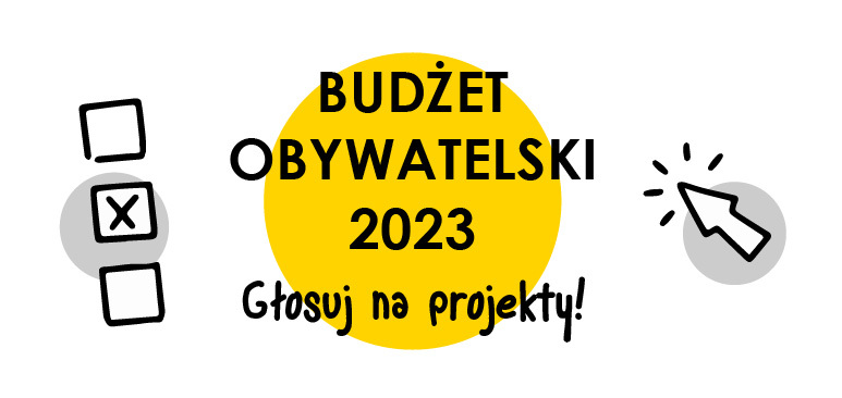 Na tle żółtego koła tekst o treści Budżet Obywatelski  2023 głosuj na projekty, z lewej zaznaczone pola, z prawej kursor myszki