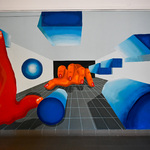 Sztuka, która przedstawia dwie dłonie oraz różne figury koloru niebieskiego