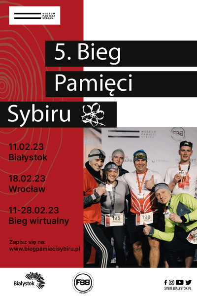 Grafika: 5 Bieg Pamięci Sybiru 11.02.23 Białystok, 18.02.23 Wrocław, 11-28.02.23 Bieg Wirtualny
