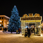 Świąteczna choinka i iluminacja wyglądająca jak prezent na Rynku Kościuszki w Białymstoku. Zdjęcie nocne.