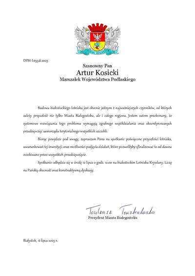 List prezydenta Tadeusza Truskolaskiego do marszałka Artura Kosickiego