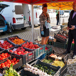 Prezydent Tadeusz Truskolaski rozmawia z jedną ze sprzedawczyń na stoisku owocowo-warzywnym