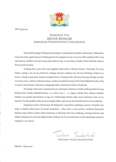 Pismo od prezydenta Białegostoku do marszałka województwa podlaskiego