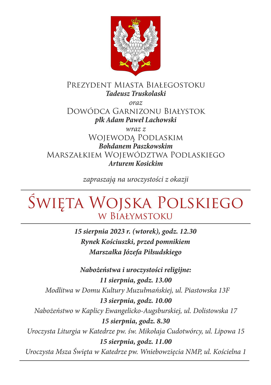 Plakat: Święto Wojska Polskiego, 15 sierpnia 2023 r. godz. 12:40 pod Pomnikiem Józefa Marszałka Piłsudskiego