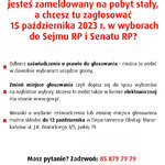 Plakat: Jesteś zameldowany na pobyt stały, a chcesz tu zagłosować 15 października 2023 r. w wyborach do Sejmu RP i Senatu RP?