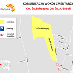 Mapa: Komunikacja wokół cmentarzy: Cm. Św. Eufrozyny, Cm. Św. A. Boboli