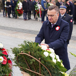 Zastępca prezydenta Rafał Rudnicki składa kwiaty pod pomnikiem Marszałka Józefa Piłsudskiego