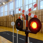 Sygnalizacja świetlna oraz znak informujący o przejeździe kolejowym 
