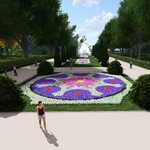 Wizualizacja Alei Zakochanych - na środku trawnika znajduje się okrąg wypełniony kolorowymi kwiatami
