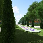 Wizualizacja Alei Zakochanych - kwiaty posadzone na środku trawników