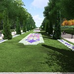 Wizualizacja Alei Zakochanych - zbliżenie na trawnik oraz tuje
