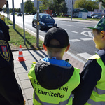 Dzieci w kamizelkach odblaskowych wraz ze strażnikiem miejskim czekają przed przejściem dla pieszych na zapalenie się zielonego światła
