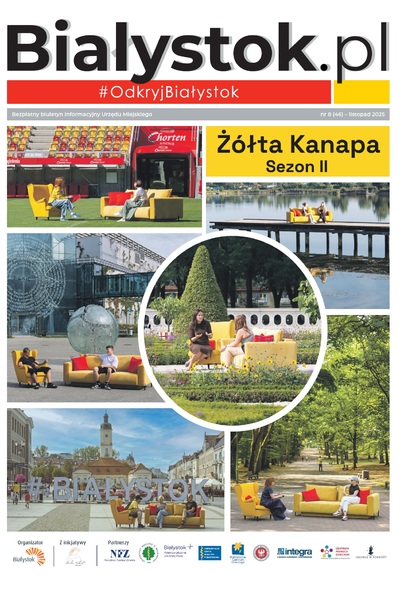 Na okładce czasopisma przedstawiono różne sceny z Białegostoku, w tym osoby siedzące na żółtych kanapach w różnych lokalizacjach, takich jak park, nad wodą i w mieście.