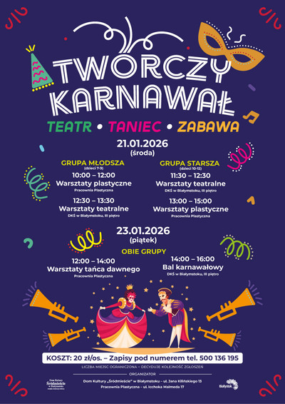 Plakat promujący wydarzenie „Twórczy karnawał”.