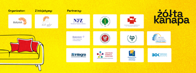 Grafika na żółtym tle z logotypami partnerów.