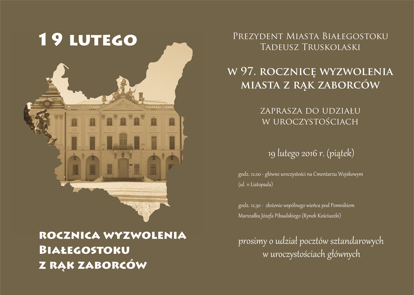 Plakat zaproszenie na 97 rocznicę wyzwolenia Białegostoku