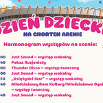 Grafika z tekstem „Dzień dziecka na Corten Arenie Harmonogram występów na scenie: 10:30-12:00 Just Sound - występ wokalny; 12:00-12:40 Pokaz iluzjonisty; 12:45-13:00 Thunder Disco - występ taneczny; 13:00-14:00 Just Sound - występ wokalny; 14:00-14:10 „Księżynki Star” - występ wokalny; 14:15-14:40 Młodzieżowy Dom Kultury/Młodzieżowe Ognisko Baletowe - występ taneczny; 14:40-15:40 Just Sound - występ wokalny”