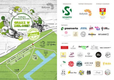 Mapa z oznaczonym miejscem wydarzenia oraz logotypy partnerów i organizatorów.