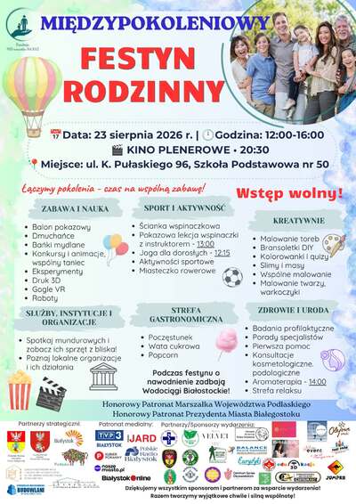 Grafika z tekstem „Międzypokoleniowy Festy Rodzinny 23 sierpnia 2026 godzinie 12:00-16:00; Kino plenerowe 20:30; Miejsce: ul. K. Pułaskiego 96, Szkoła Podstawowa nr 50; Wstęp wolny”.