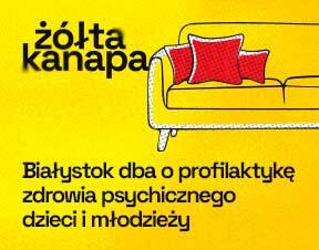 Grafika na żółtym tle z tekstem „Żółta Kanapa Białystok dba o profilaktykę zdrowia psychicznego dzieci i młodzieży”.