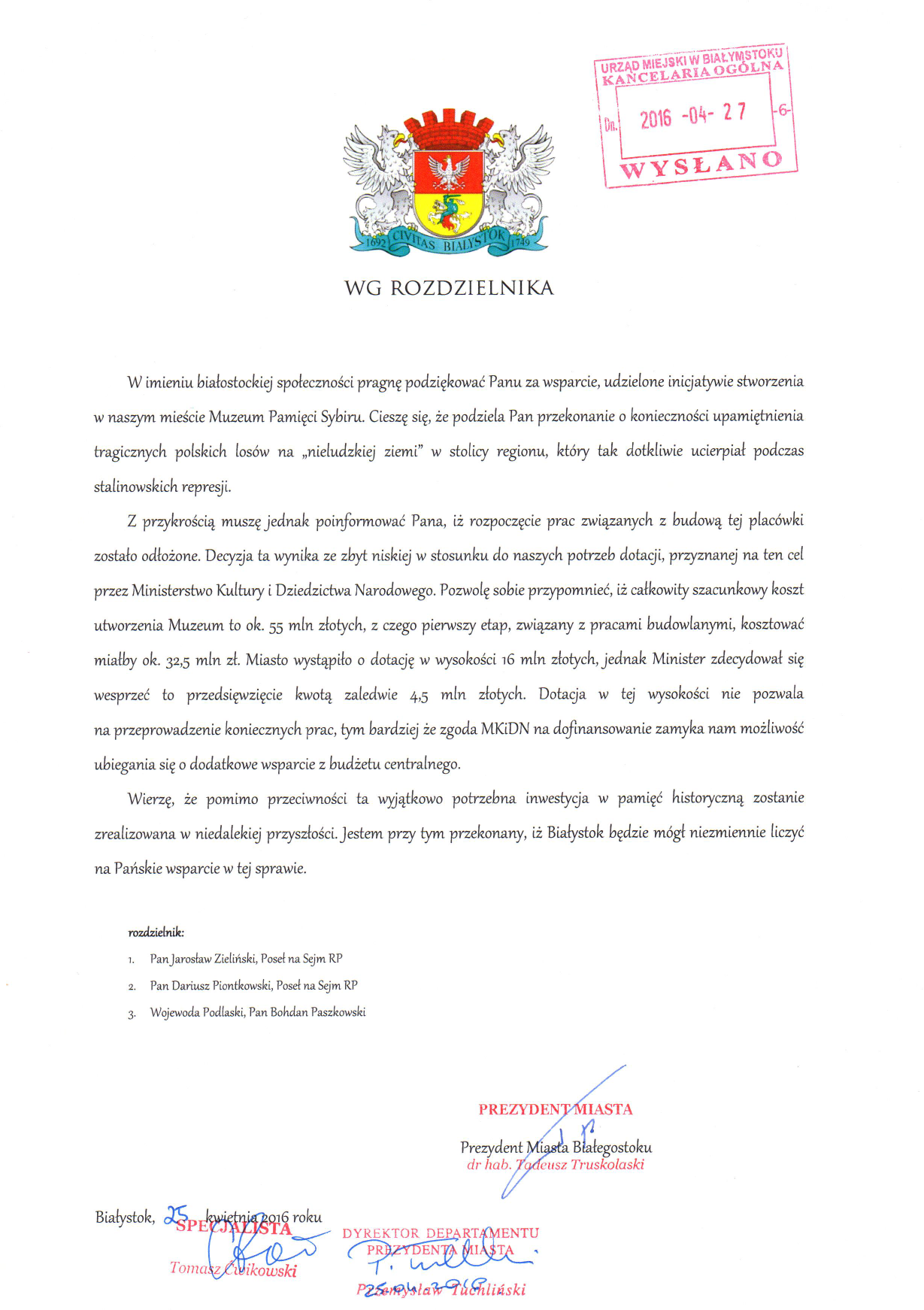 List prezydenta w sprawie Muzeum Sybiru
