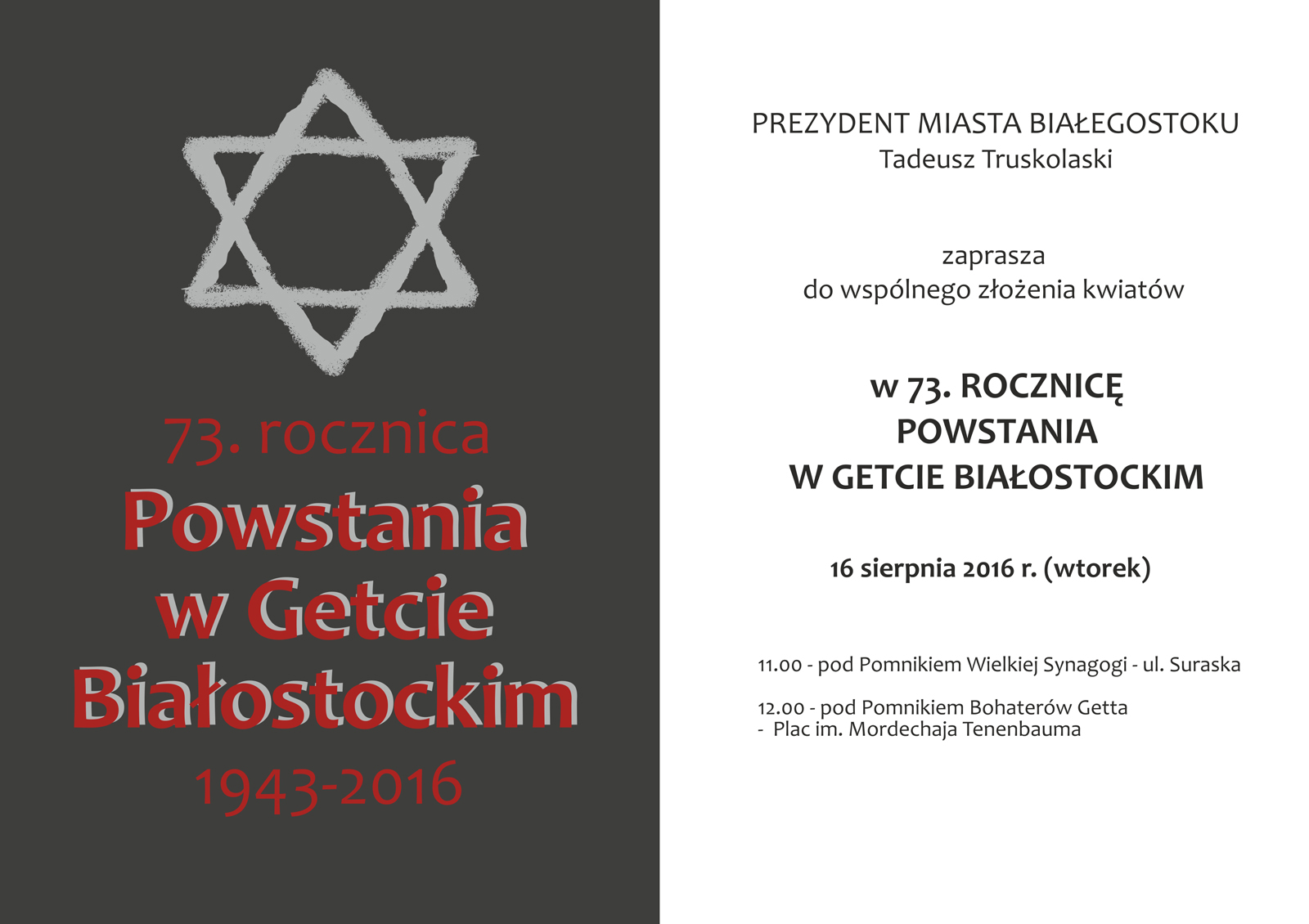 Zaproszenie na 73. rocznicę Powstania w Getcie Białostockim