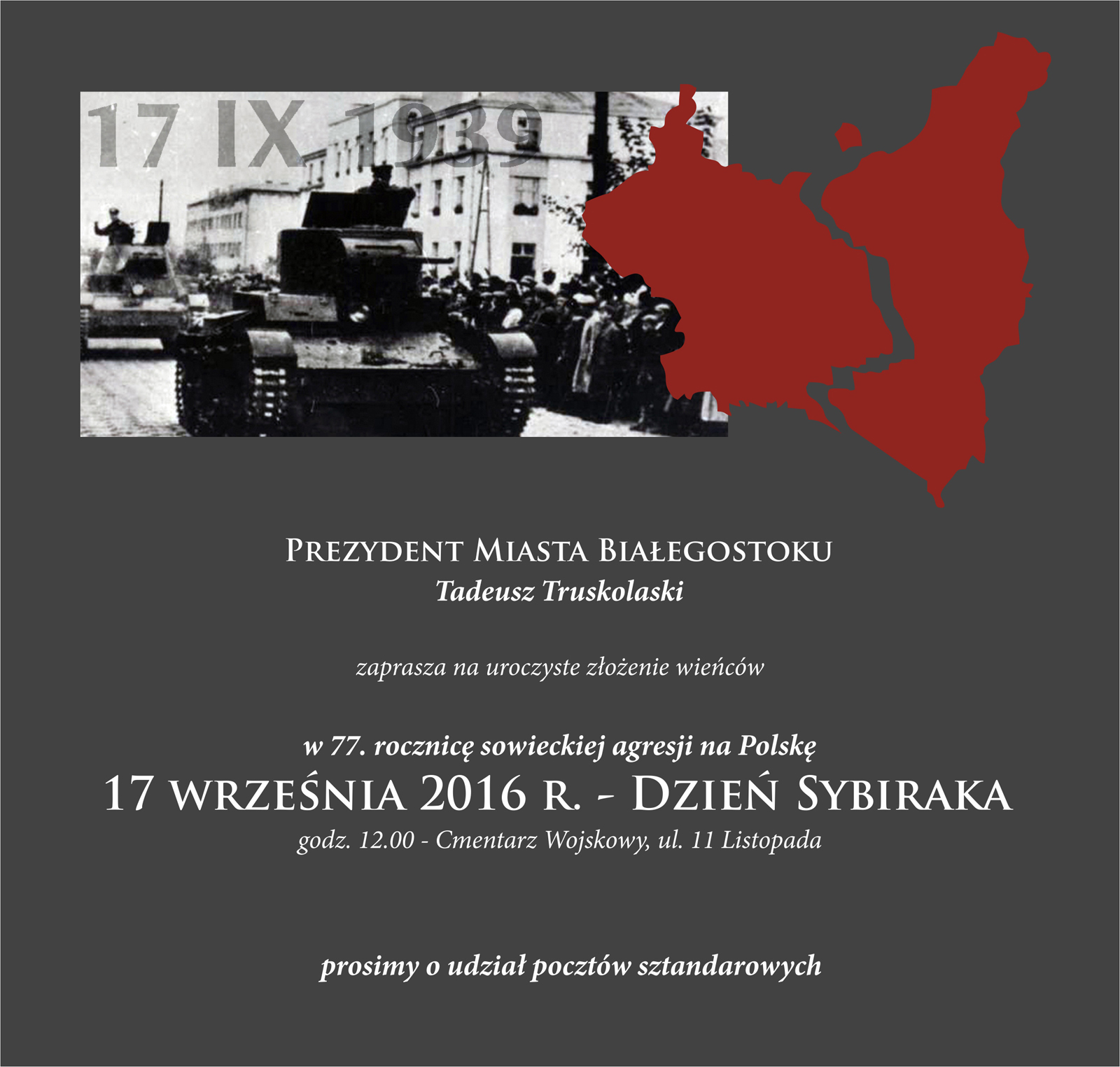 Zaproszenie na uroczyste złożenie wieńców w 77. rocznicę sowieckiej agresji na Polskę